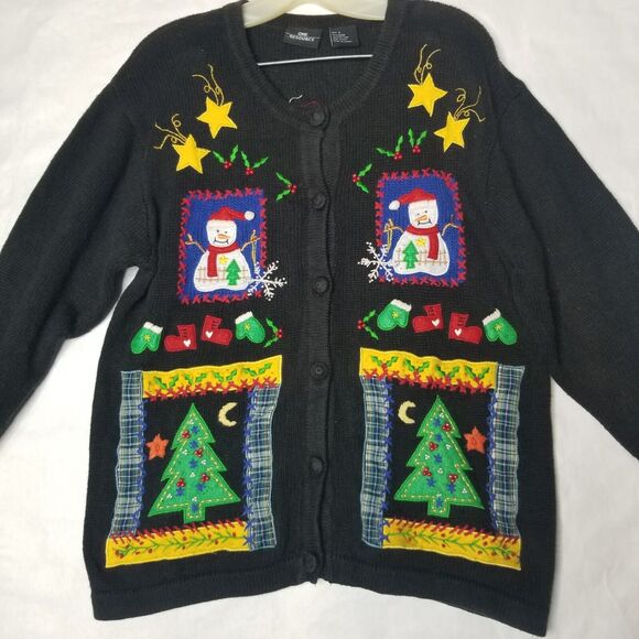 One Resource Womens Ugly Christmas Tree Sweater Cardigan Snowman Large - Picture 3 of 9